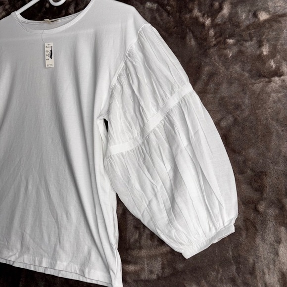 Madewell White Puff Sleeve Tee NWT XS‎ Sheer Poplin Sleeve Cotton Top - Picture 3 of 11